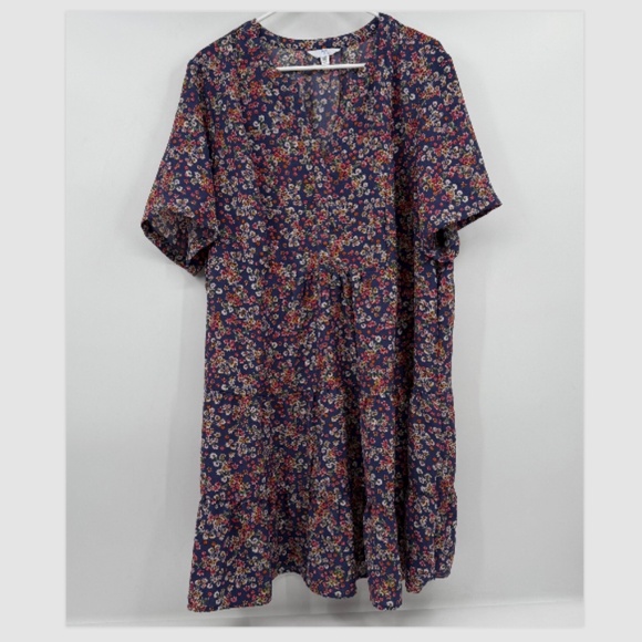 Time Tru Dress Women XXXL Blue Floral Short Sleeve Tiered Blossom Cottage Boho - Picture 1 of 12